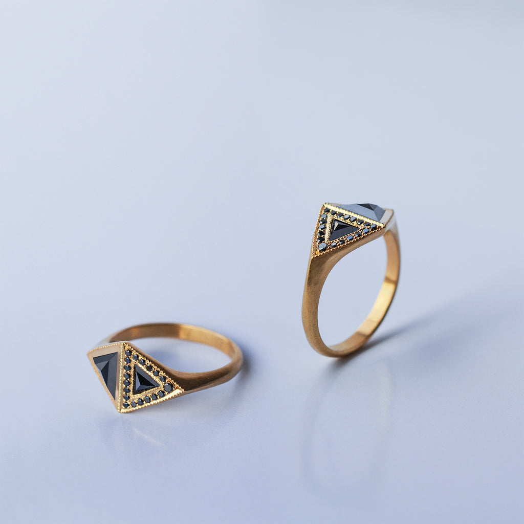 Black Trillion ring - 18k solid gold & black diamond