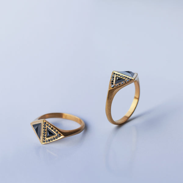 Black Trillion ring - 18k solid gold & black diamond