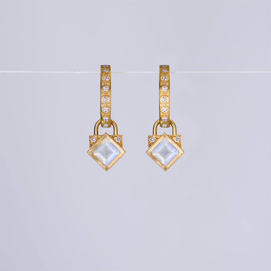 Hoop Temple earrings - 18k solid gold, Moonstone & diamonds