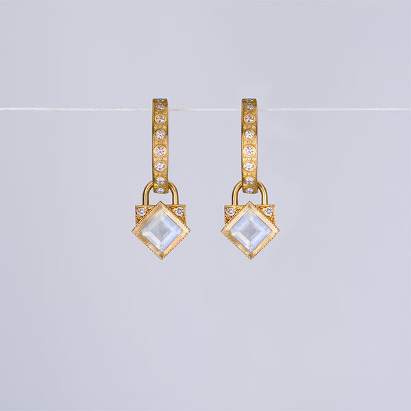 Hoop Temple earrings - 18k solid gold, Moonstone & diamonds
